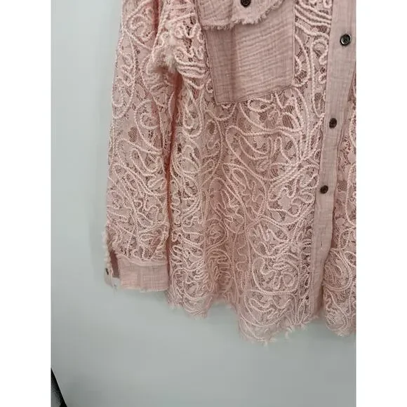 POL Lace Shacket Baby Pink Button Front Overshirt Jacket Women’s Large NWT - Picture 4 of 8
